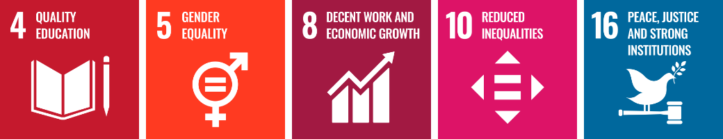 SDG 4 Quality Education, SDG 5 Gender Equality, SDG 8 Decent Work and Economic Growth, SDG 10 Reduced Inequalities, SDG 16 Peace, Justice and Strong Institutions